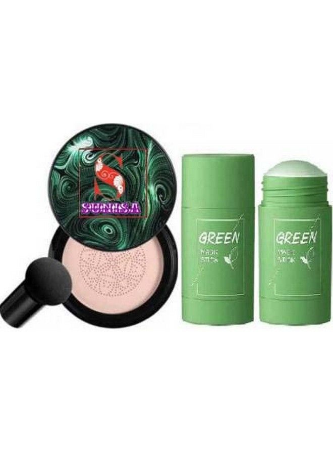 Bb And Cc Cream Foundation With Mushroom Head Air Cushion 20G And 1 Green Tea Stick Mask (Pack Of 2)