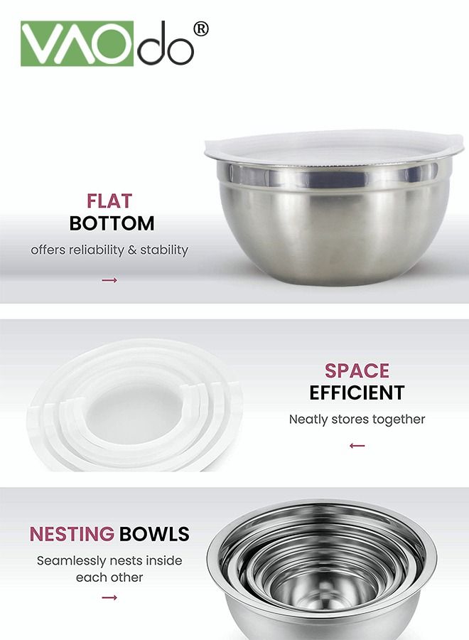 5 Pieces Mixing Round Bowl Stainless Steel Mixing Bowl Set With Lid Salad Dough Baking Bowl Silver 18 20 22 24 26 Cm Set Bowl