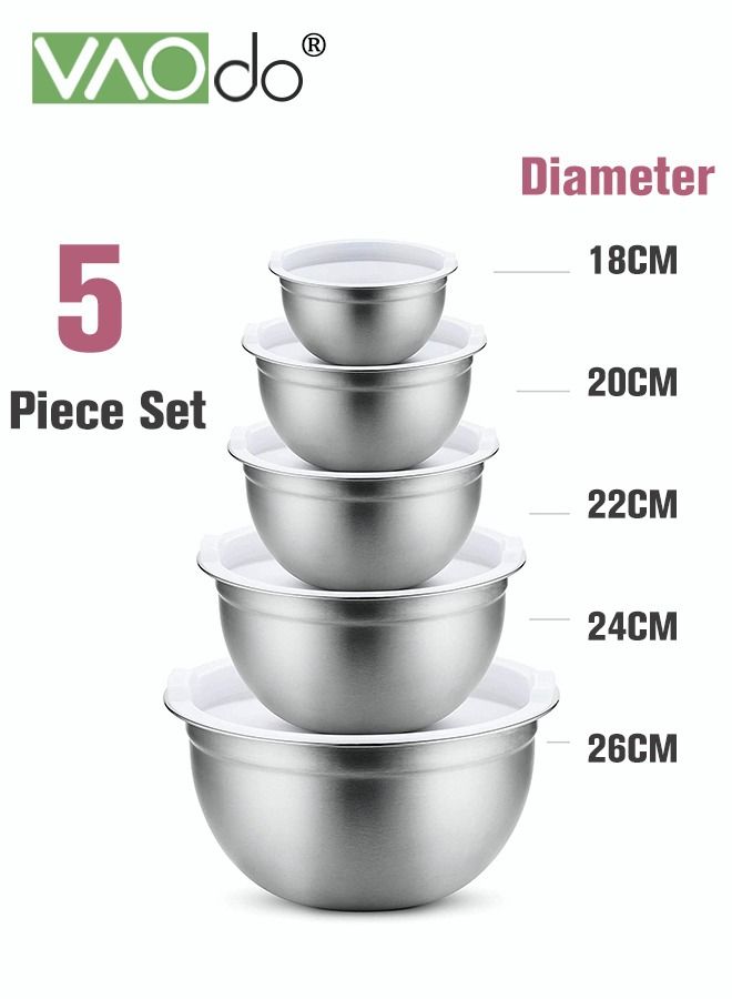 5 Pieces Mixing Round Bowl Stainless Steel Mixing Bowl Set With Lid Salad Dough Baking Bowl Silver 18 20 22 24 26 Cm Set Bowl