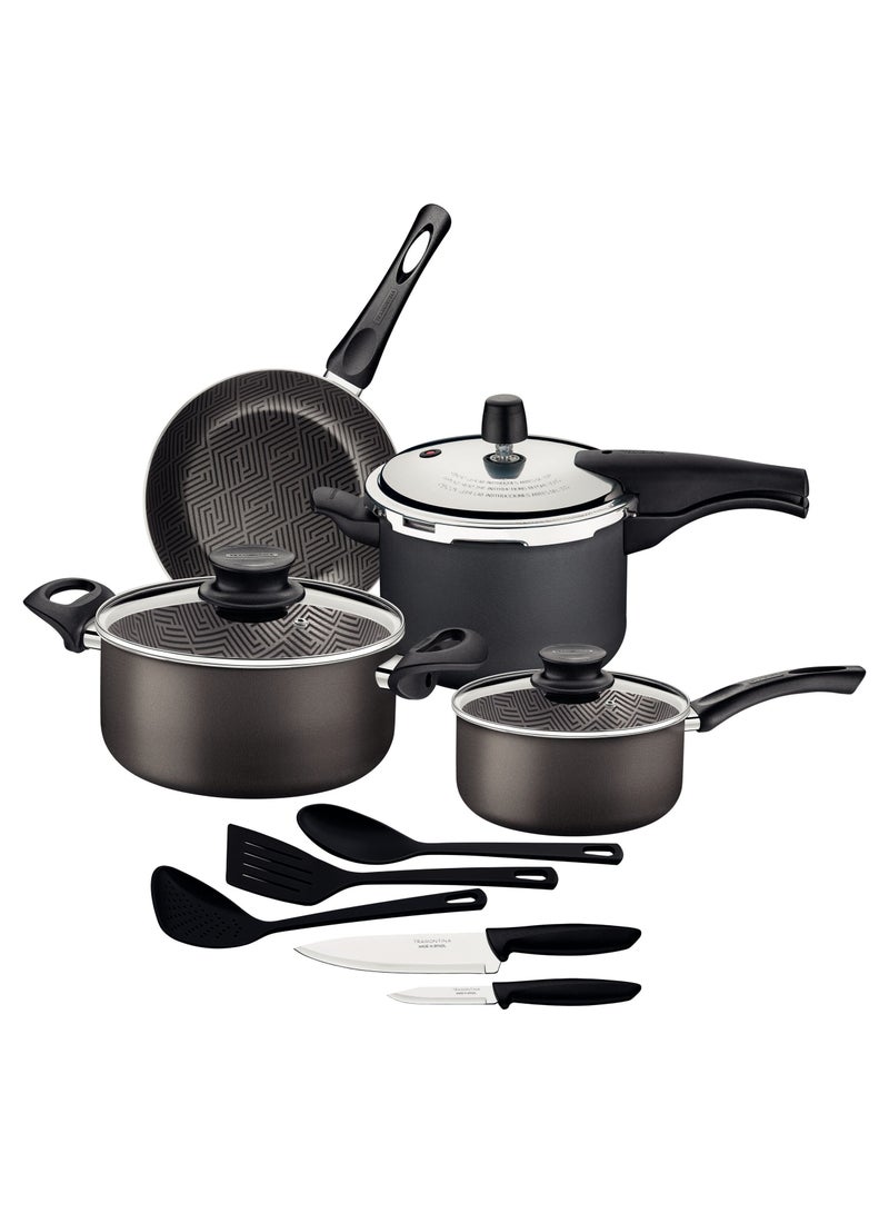 Since 1911,Made in Brazil- Paris 12 Pieces Lead Colored Aluminum Cookware Set with Interior and Exterior Starflon Max PFOA Free Nonstick Coating