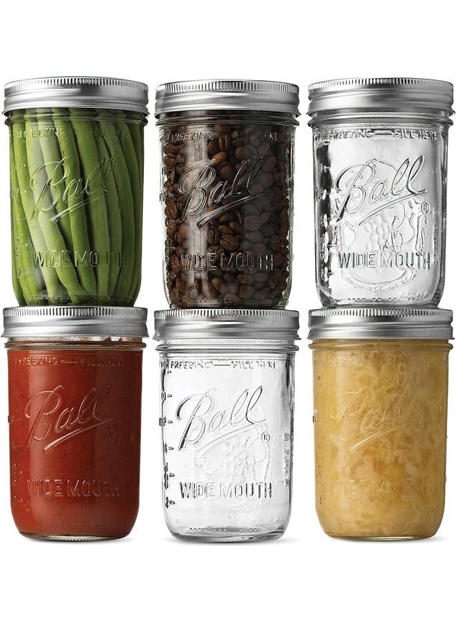 Ball Wide Mouth Jars (16 oz/Pint capacity)6 PACK CANNING JARS 16 oz: Perfect for canning, pickling, preserving, and fermenting fruits and veggies that can be canned and sealed for up to 18 Month