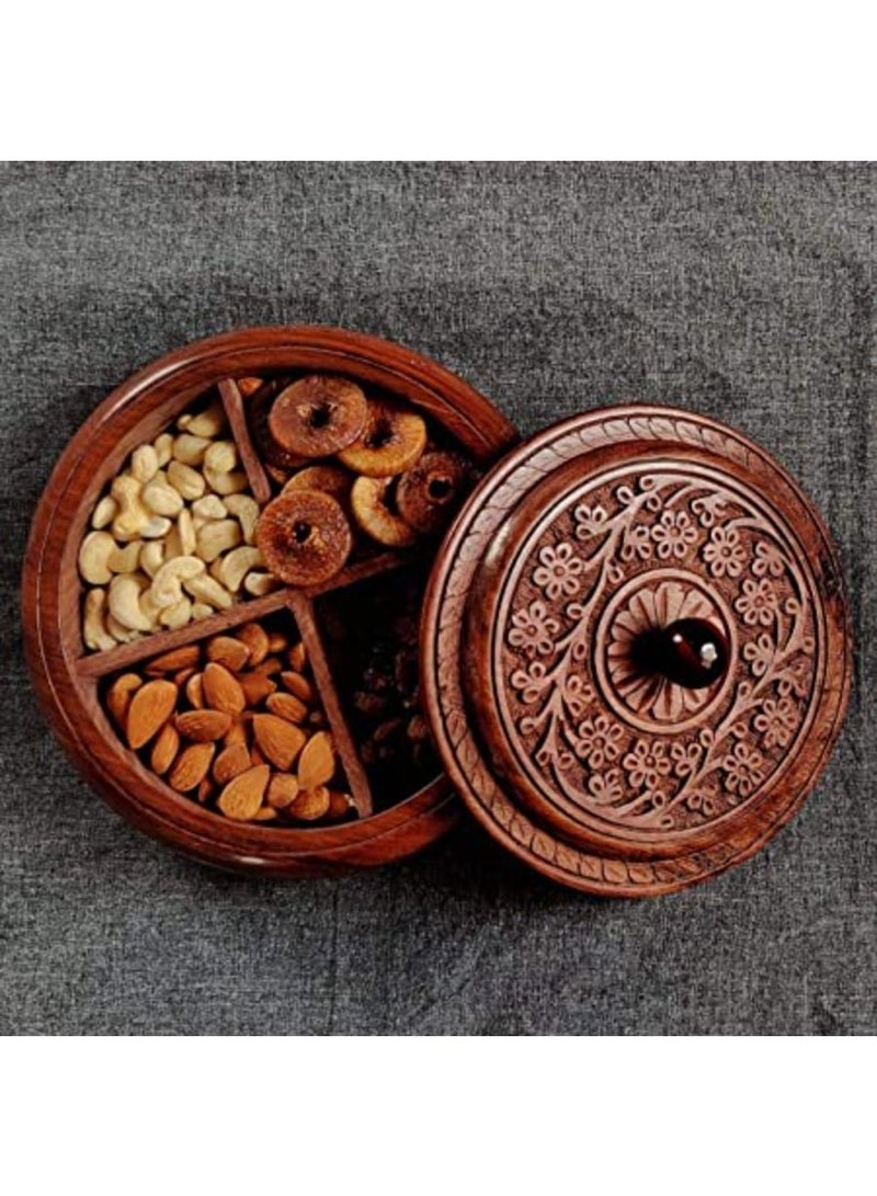 Wood Dry Fruit Box Handmade & Handcrafted Wooden Large Size Round