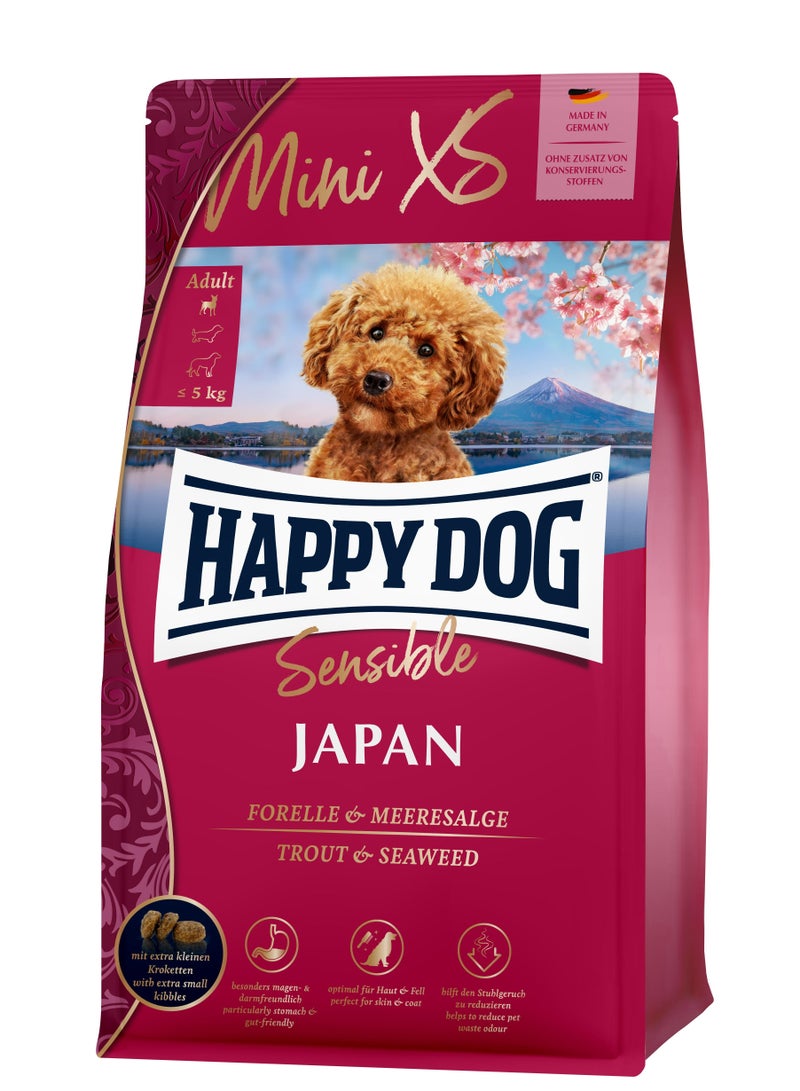 1.3 kg Super Premium Mini XS Japan Gluten free with highly digestible chicken, trout and seaweed ideal for mini breed dogs, helps reduce pet waste odour and perfect for skin and coat, stomach and gut