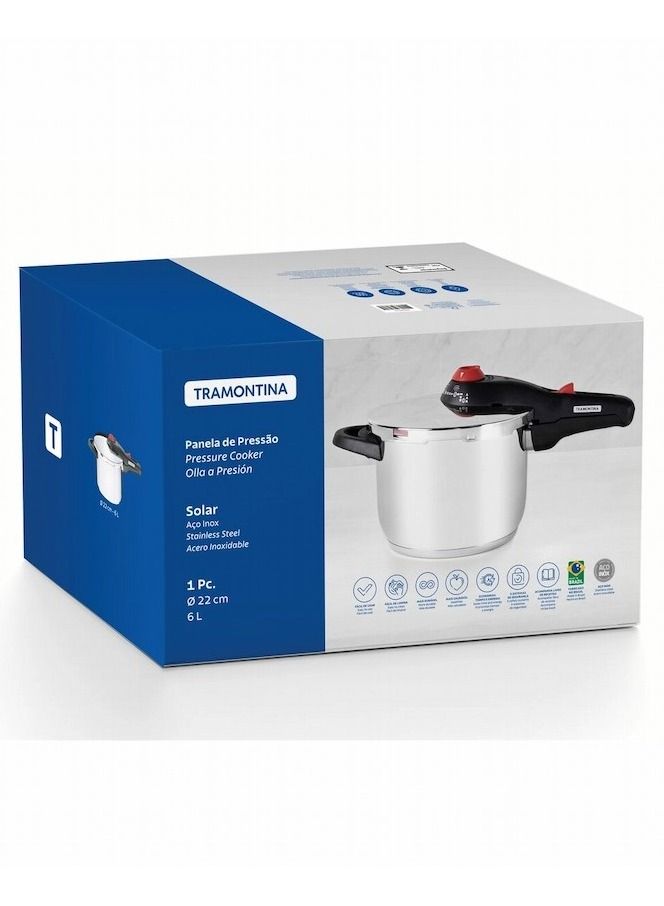 22None Since 1911,Made in Brazil- 22cm Solar 22cm 6L Stainless Steel Pressure Cooker with Tri-ply Bottom and 5 Safety Features Stainless Steel Stainless Steel
