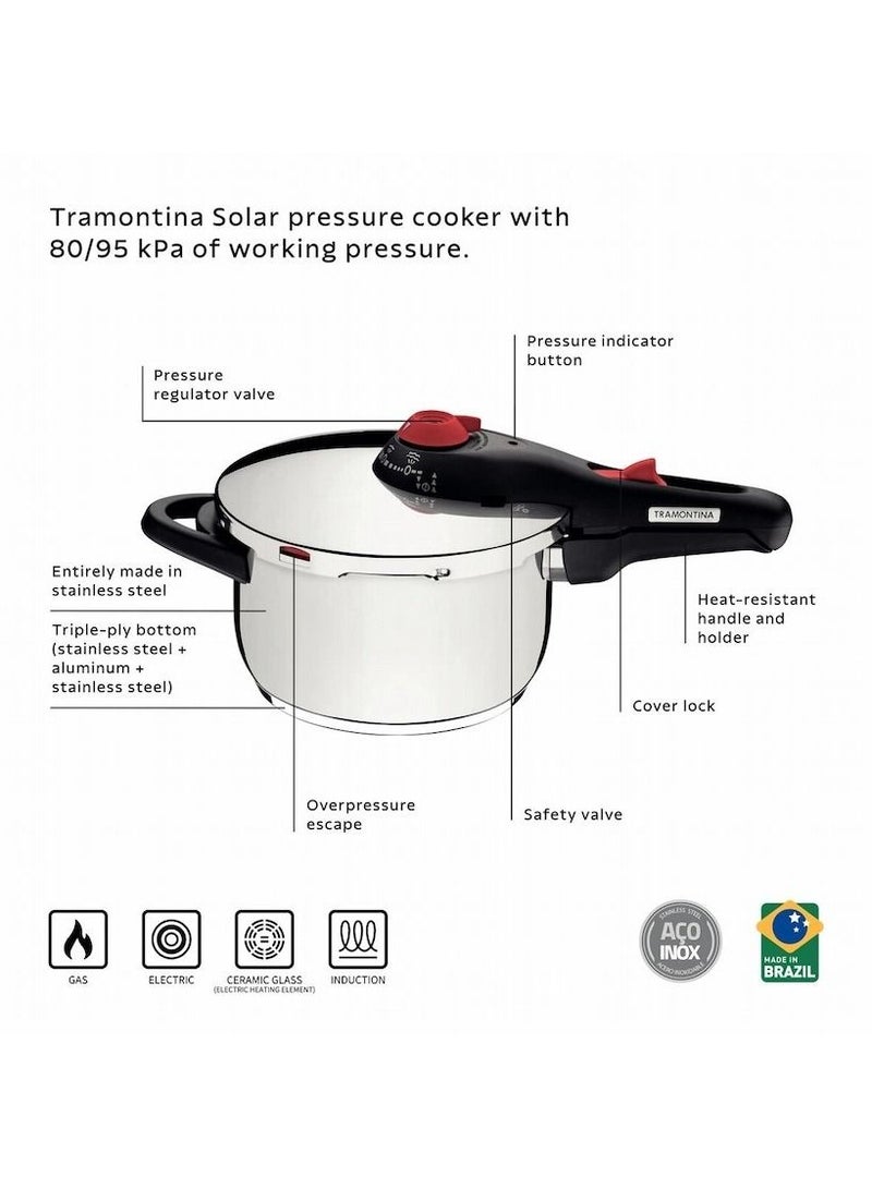 22None Since 1911,Made in Brazil- 22cm Solar 22cm 6L Stainless Steel Pressure Cooker with Tri-ply Bottom and 5 Safety Features Stainless Steel Stainless Steel