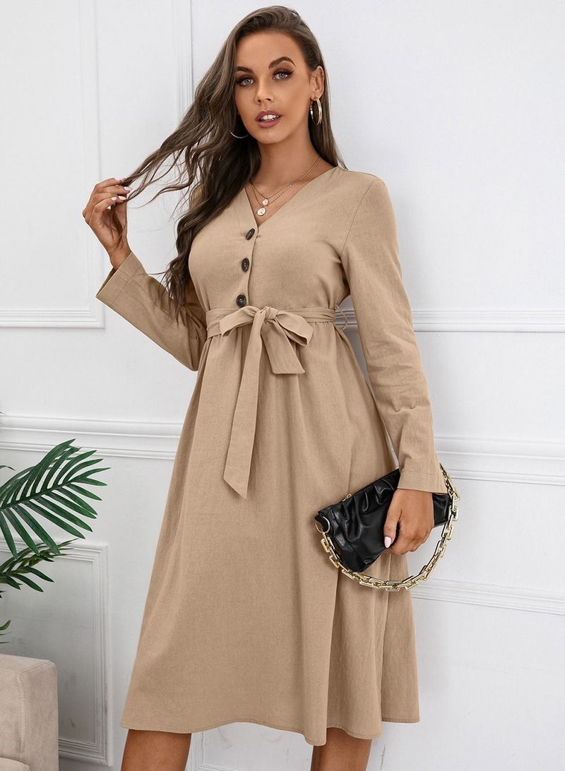 Women's Solid V-Neck Dress Beige