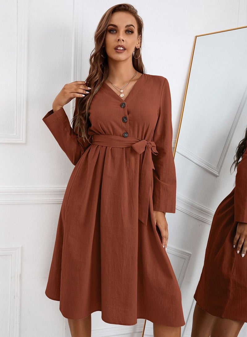 Women's Solid V-Neck Dress Brown