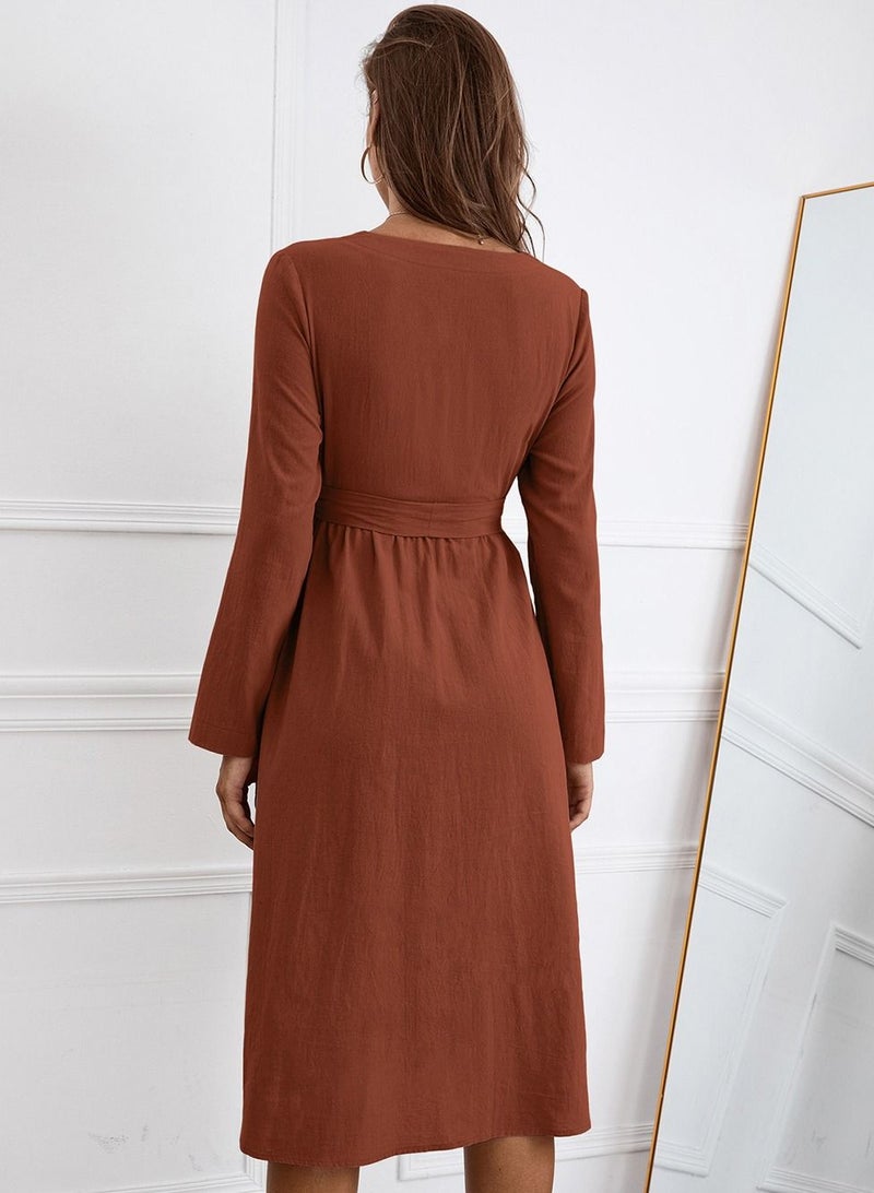 Women's Solid V-Neck Dress Brown