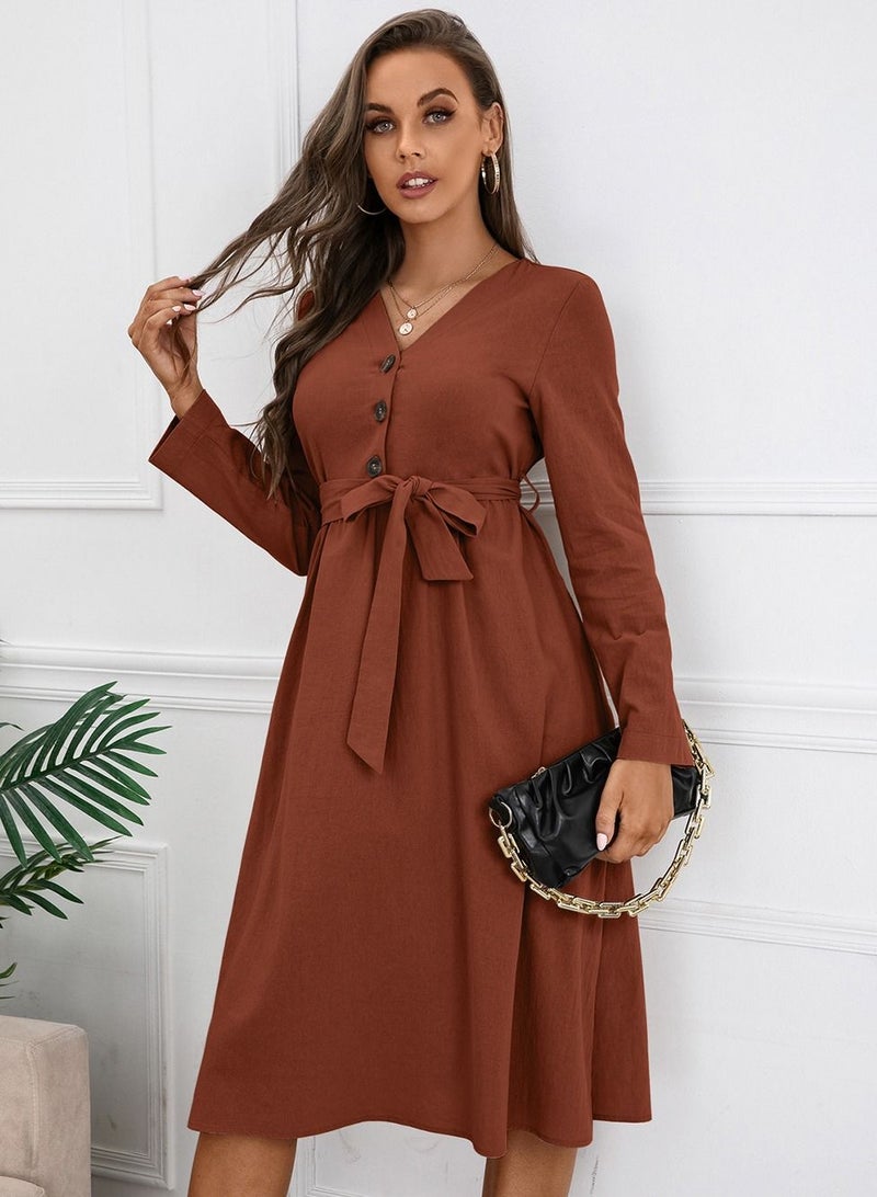 Women's Solid V-Neck Dress Brown