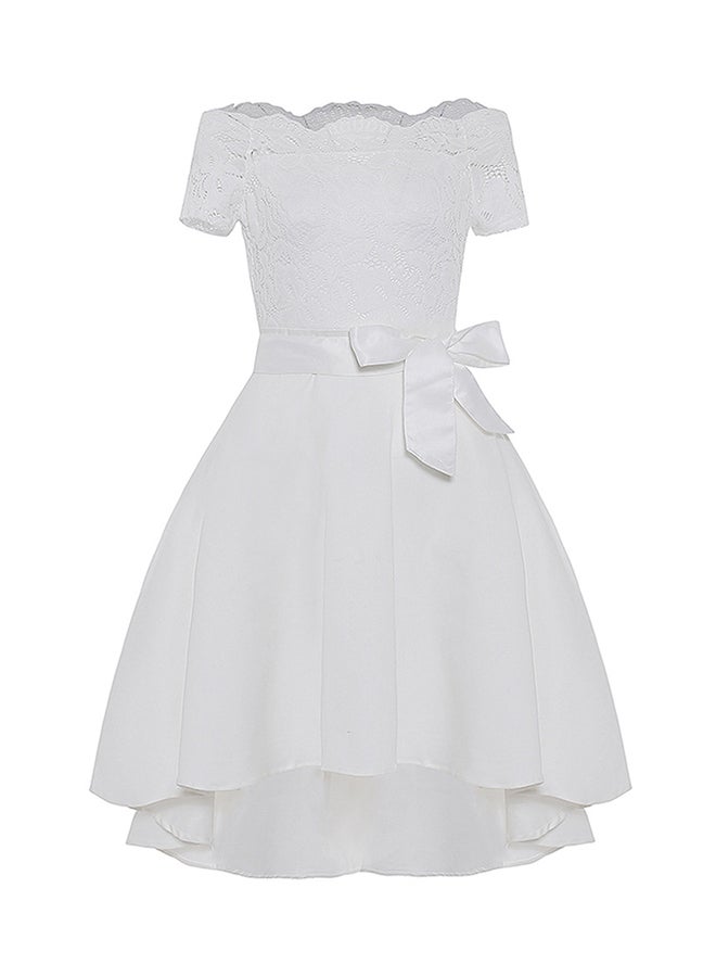 Off Shoulder Lace Dress With Waist Band White