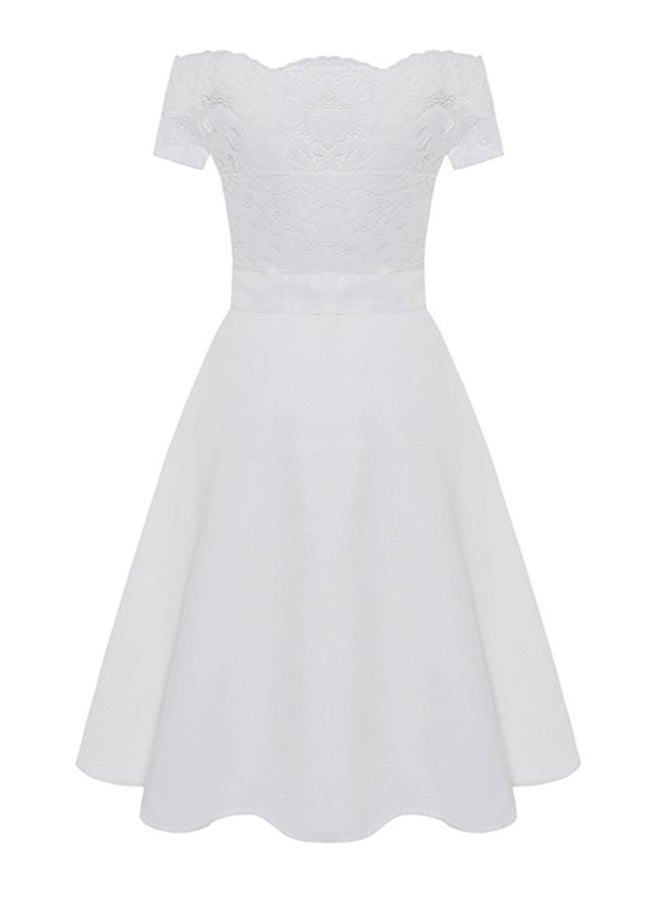 Off Shoulder Lace Dress With Waist Band White