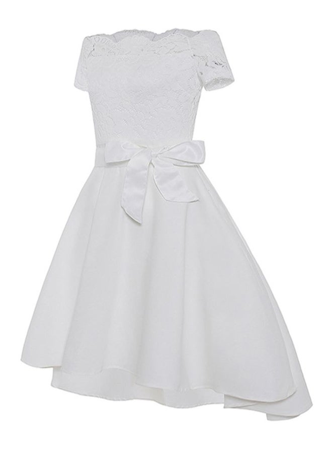 Off Shoulder Lace Dress With Waist Band White