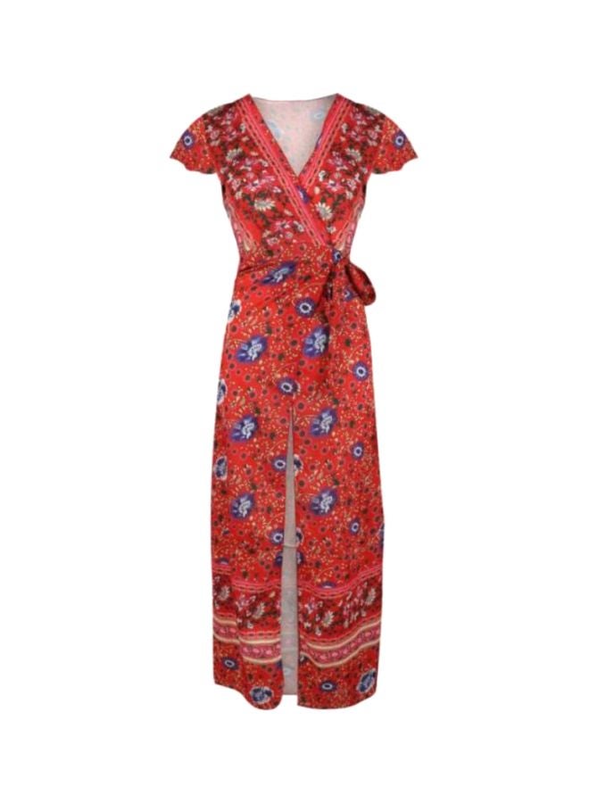 V-Neck Printed Short-Sleeved Dress Red/Blue