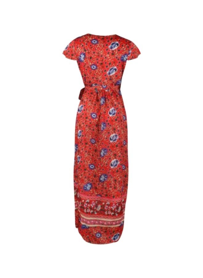 V-Neck Printed Short-Sleeved Dress Red/Blue