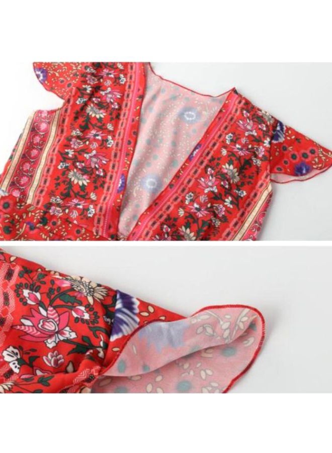 V-Neck Printed Short-Sleeved Dress Red/Blue