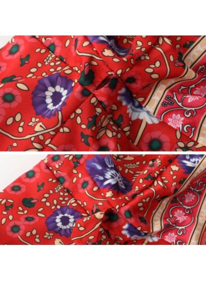 V-Neck Printed Short-Sleeved Dress Red/Blue