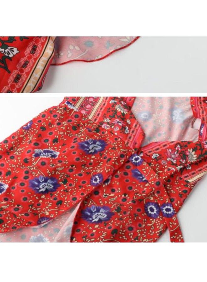 V-Neck Printed Short-Sleeved Dress Red/Blue