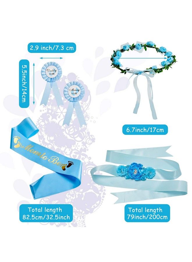 5 Pieces Baby Shower Maternity Sash Kit Shoulder Sash And Pin Daddy Corsages Flower Crown Pregnancy Sash Rose Wreath Headdress For Baby Shower Pregnancy Parents Prop Present Party Favor (Blue)