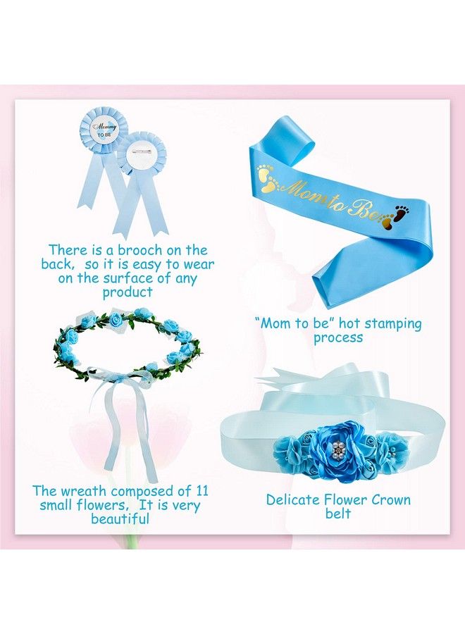 5 Pieces Baby Shower Maternity Sash Kit Shoulder Sash And Pin Daddy Corsages Flower Crown Pregnancy Sash Rose Wreath Headdress For Baby Shower Pregnancy Parents Prop Present Party Favor (Blue)