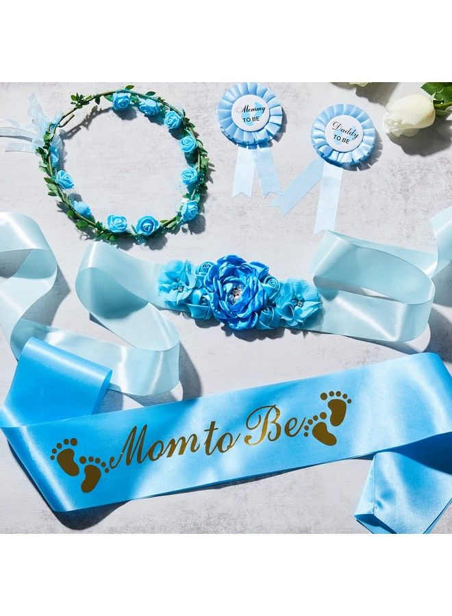 5 Pieces Baby Shower Maternity Sash Kit Shoulder Sash And Pin Daddy Corsages Flower Crown Pregnancy Sash Rose Wreath Headdress For Baby Shower Pregnancy Parents Prop Present Party Favor (Blue)