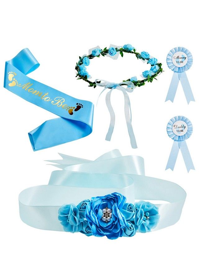 5 Pieces Baby Shower Maternity Sash Kit Shoulder Sash And Pin Daddy Corsages Flower Crown Pregnancy Sash Rose Wreath Headdress For Baby Shower Pregnancy Parents Prop Present Party Favor (Blue)