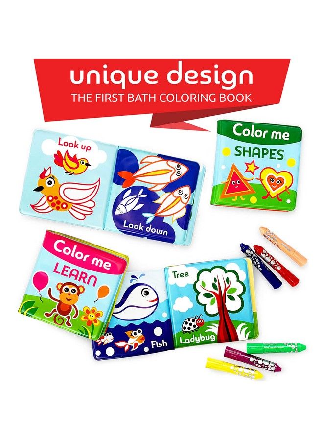 Color Me Bath Books Plus Crayons Set Of 4 Different Books Includes 6 Washable Bath Crayons Learn And Play Including Opposites And Shapes Suitable For 2+