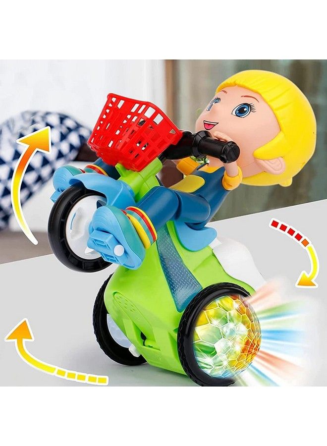 Stunt Bicycle Toy For Boys Girls Kids To Play With Basket And Rotating 360 Degree With Light And Music Features (Green)