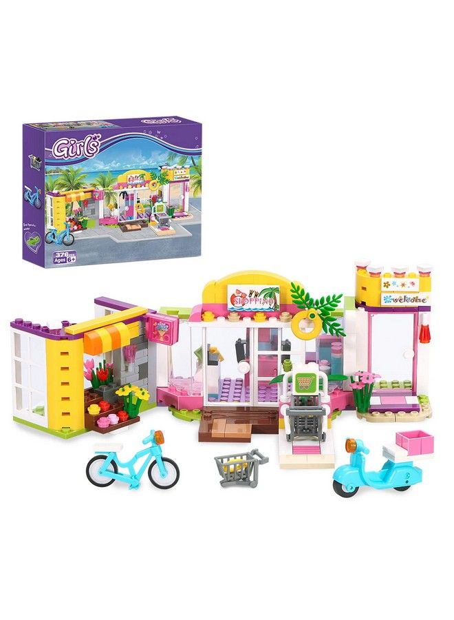 Girls Friends Supermarket Building Set 376 Pcs Seaside Grocery Store Flower Shop Building Kit Beach Shopping Mall Toy Educational Building Blocks Gift For Kids Ages 6+