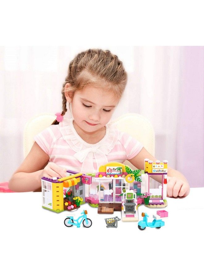 Girls Friends Supermarket Building Set 376 Pcs Seaside Grocery Store Flower Shop Building Kit Beach Shopping Mall Toy Educational Building Blocks Gift For Kids Ages 6+