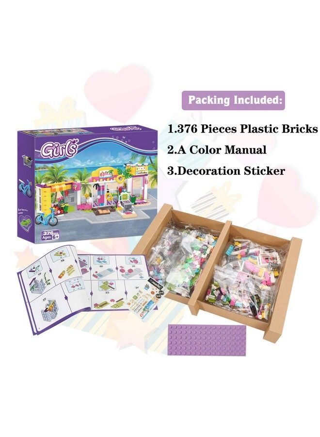 Girls Friends Supermarket Building Set 376 Pcs Seaside Grocery Store Flower Shop Building Kit Beach Shopping Mall Toy Educational Building Blocks Gift For Kids Ages 6+