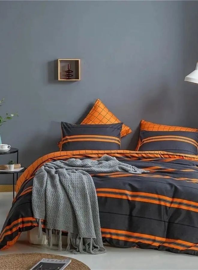 King Size 6-Piece Striped Duvet Cover Set in Grey and Orange.