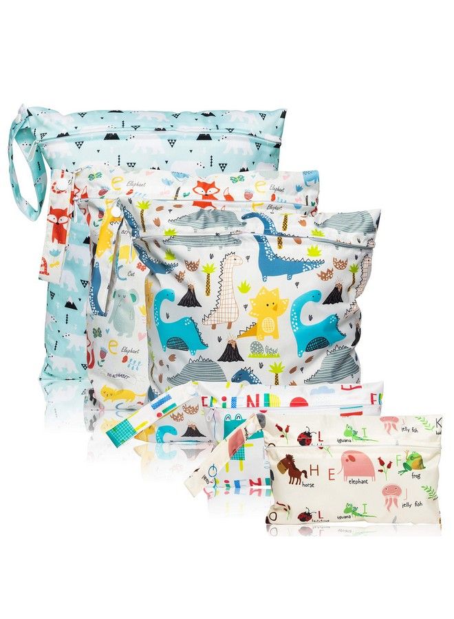 5 Pcs Waterproof Reusable Wet Bag Diaper Baby Cloth Diaper Wet Dry Bags With 2 Zippered Pockets Travel Beach Pool Bag With Polar Bear Dinosaur Animal Alphabet Crocodile Pattern (3 Sizes)