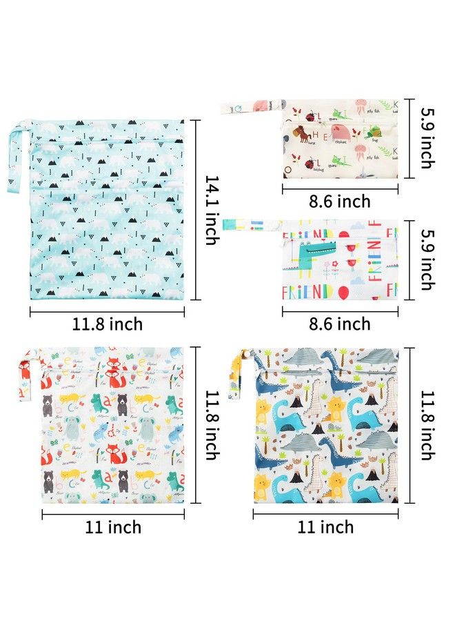 5 Pcs Waterproof Reusable Wet Bag Diaper Baby Cloth Diaper Wet Dry Bags With 2 Zippered Pockets Travel Beach Pool Bag With Polar Bear Dinosaur Animal Alphabet Crocodile Pattern (3 Sizes)