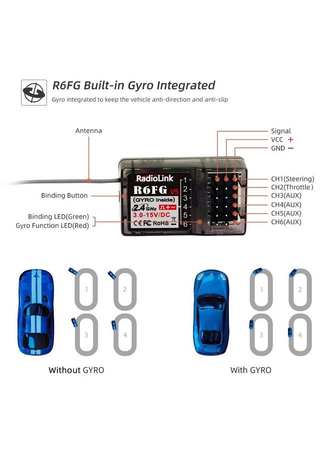 R6Fg 6 Channels 2.4Ghz Rc Receiver With Gyro Surface Long Range Control Rx For Vehicle Drifting/Crawler/Truck/Boat Works With Radio Controller Rc4Gs V3/Rc6Gs V3/Rc4Gs V2/Rc6Gs V2/T8Fb/T8S