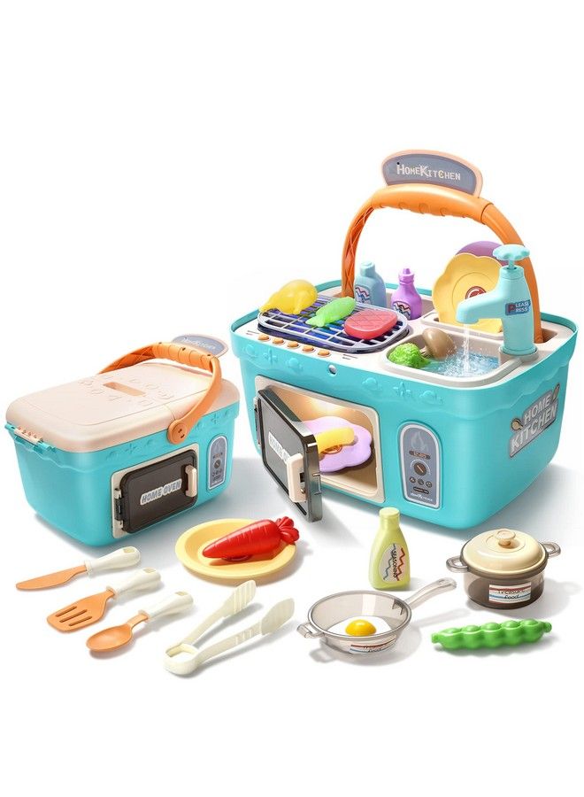 Kids Picnic & Kitchen Playset Portable Pinic Basket Toys With Musics & Lights Color Changing Play Foods Play Sink Pretend Play Oven And Other Kitchen Accessories Toys For Boys And Girls