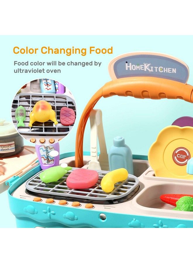 Kids Picnic & Kitchen Playset Portable Pinic Basket Toys With Musics & Lights Color Changing Play Foods Play Sink Pretend Play Oven And Other Kitchen Accessories Toys For Boys And Girls