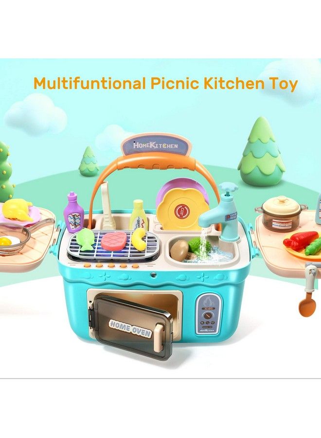 Kids Picnic & Kitchen Playset Portable Pinic Basket Toys With Musics & Lights Color Changing Play Foods Play Sink Pretend Play Oven And Other Kitchen Accessories Toys For Boys And Girls