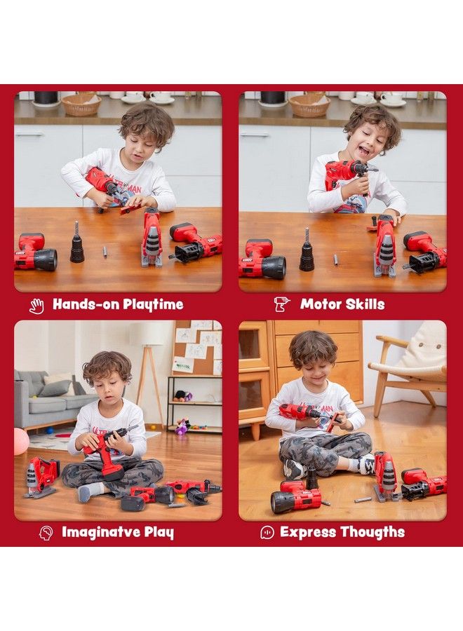 4 In 1 Kids Tool Set Pretend Play Toddler Tool Toys Construction Playset With Flashlight Saw Tools And Electric Drill For Boy Girl Halloween Birthday Dress Up Party Favors