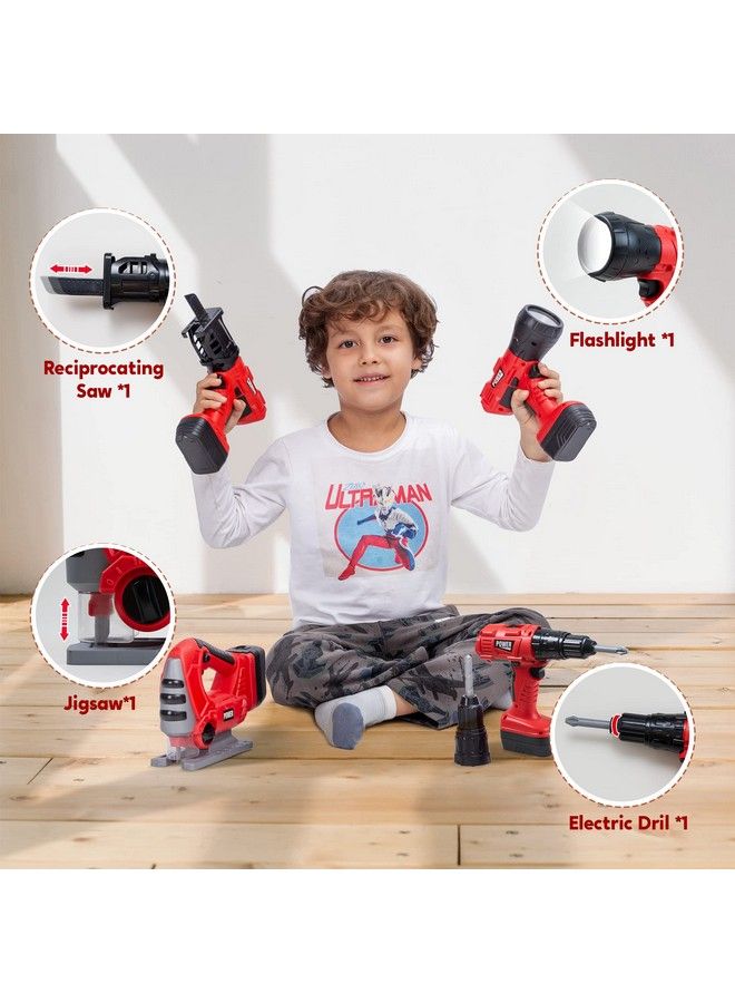 4 In 1 Kids Tool Set Pretend Play Toddler Tool Toys Construction Playset With Flashlight Saw Tools And Electric Drill For Boy Girl Halloween Birthday Dress Up Party Favors