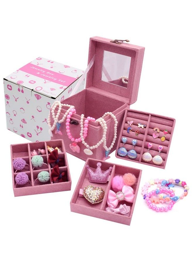 Little Girl Kids 3 Layer Lint Jewelry Box With Mirror And 35 Pieces Girl Princess Jewelry Dress Up Accessories Toy Playset Set