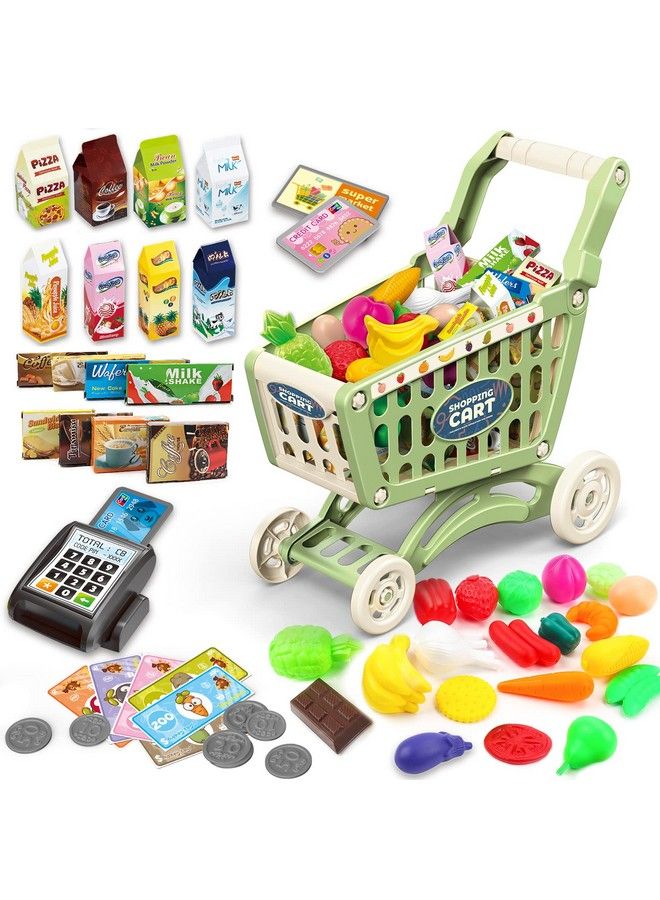 Kids Shopping Cart Trolley For Groceries Toddlers 65 Food Fruit Vegetables Pretend Play Food Role Play Educational Toy Play Kitchen Toys Store Playset (Green)