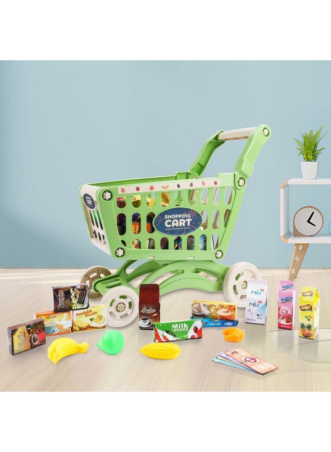 Kids Shopping Cart Trolley For Groceries Toddlers 65 Food Fruit Vegetables Pretend Play Food Role Play Educational Toy Play Kitchen Toys Store Playset (Green)