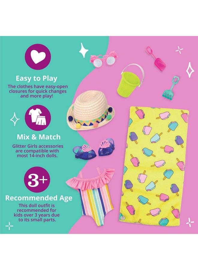 Beach Day Rays ¬Outfit 14 Inch Doll Clothes Rainbow Swimsuit Beach Towel & Accessories Kids Ages 3 And Up Children’S Toys