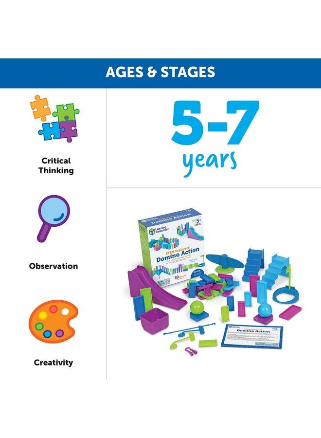 Stem Explorers Domino Action Stem Toys For Kids 59 Pieces Age 5+ Gifts For Boys And Girls 45 Dominos 10 Double Sided Challenge Cards Obstacle Pieces