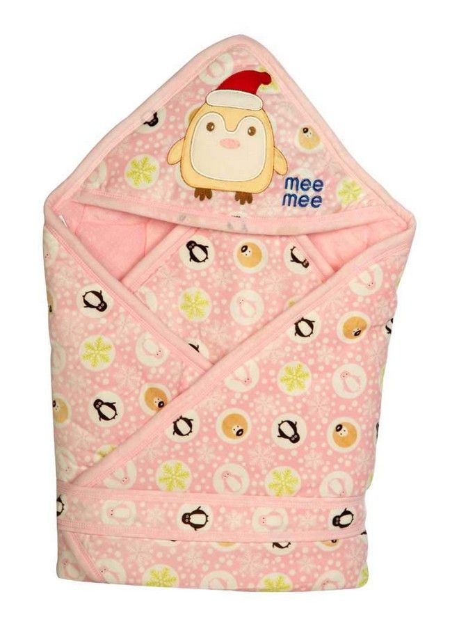 Baby Warm And Soft Swaddle Wrapper Hooded With Hood Double Layer For Newborn Babies (Pink Penguin Print)