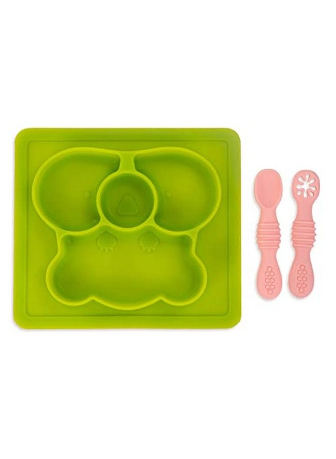 Divided Silicone Plates For Baby With 2 First Stage Training Spoons For Toddlers ; Baby Tableware Feeding Set For Kids ; Baby Plates & Spoon Set For Toddlers Kids Boy Girl (Square Green)