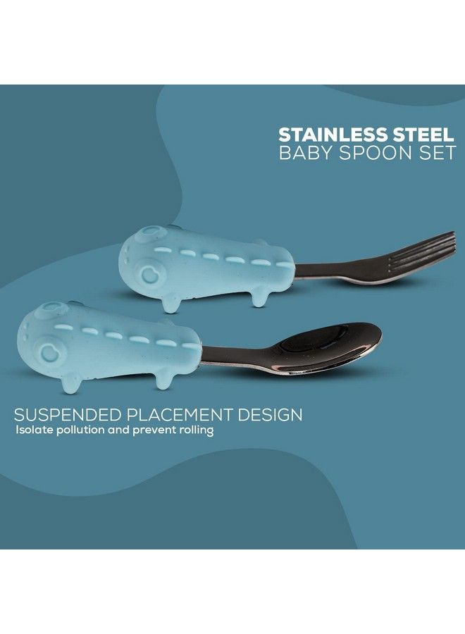 Silicone Baby Spoon Set For Baby Feeding Non Toxic Bpa Free Training Feeding Spoon & Fork Set Food Grade Silicone Handle ; Baby Feeding Spoons ; Feeding Spoon Set For Toddlers (Blue Ii)