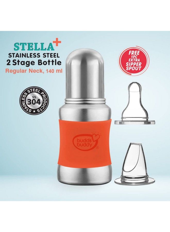 Stella Plus Neck New Born Baby Feeding Bottle Made With High Grade Stainless Steel ; Rust Free Feeding Bottle With Nipple ; Leak Proof Baby Bottle ; With Extra Spout Sipper ; 180 Ml ; Orange