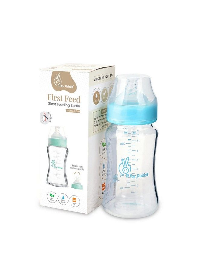 First Feed Glass Baby Feeding Nipple Milk Bottle With Anti Colic For New Born Babies Kids; 3 Months+ ; 240 Ml; Lake Blue