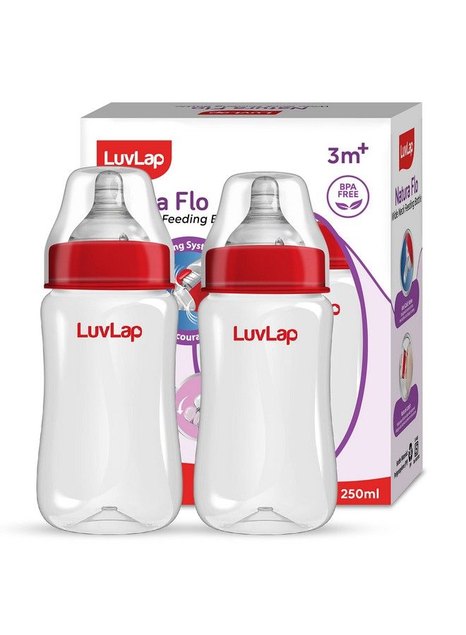 Luv Lap Anti Colic Wide Neck Natura Flo Baby Feeding Bottle 250Ml (Pack Of 2) New Born ; Infants ; Toddler Upto 3 Years Bpa Free Pack Of 2 White & Red